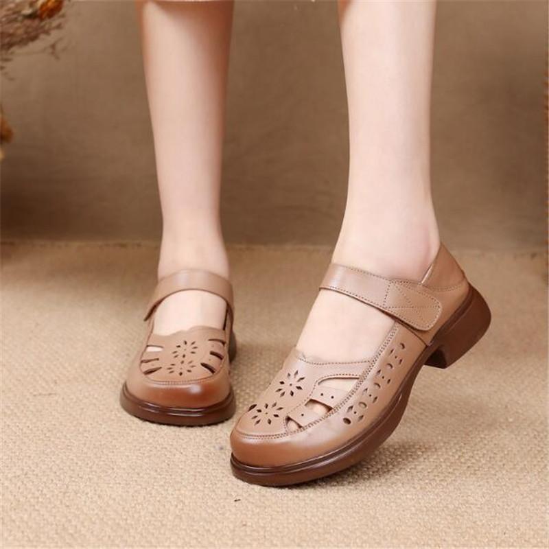 Cowhide Retro Wedges Sandals For Women's Summer New Cow Tendon Soft Sole Genuine Leather Mother's Shoes Thick Sole Women's Shoes