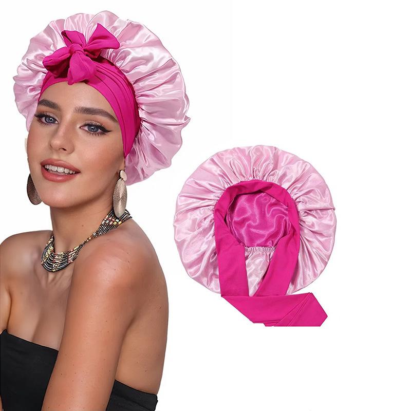 Women's Double-Layer Elastic Satin Sleep Cap - Wide Brim Hair Protection with Bow Ribbon