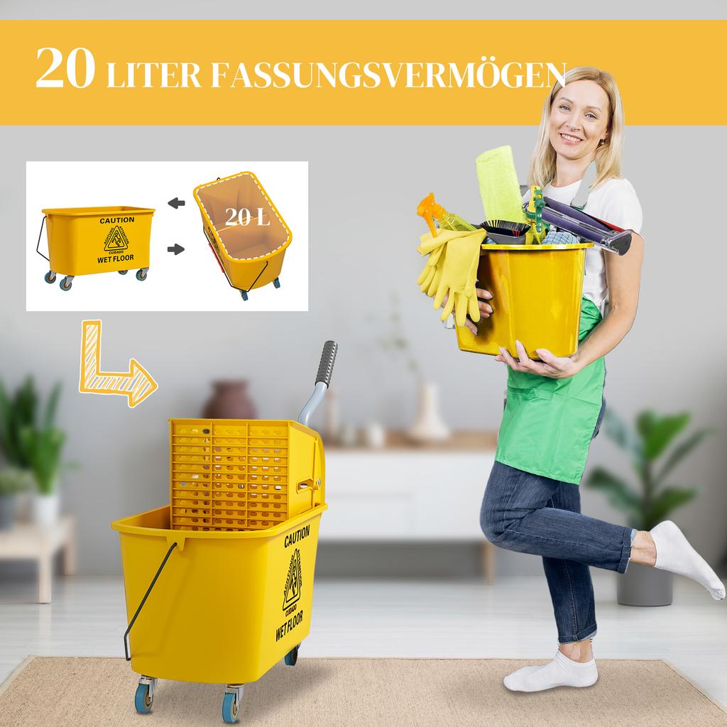 Reinigungswagen 20L Hausmeisterwagen mit Presse und Kehrset, Eimer inkl.. Wischmopp, Rolle