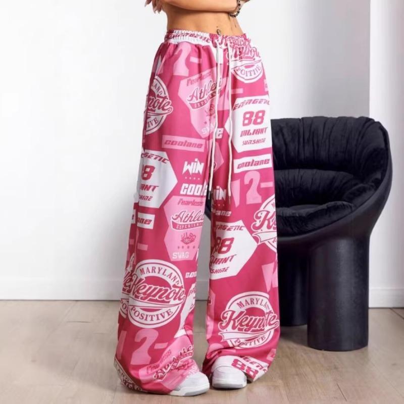 Women Street Hip Hop Style Printed Pocket Loose Casual Wide Leg Long Pants