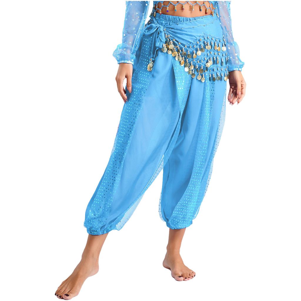 Damen Bauchtanz Bloomers Haremshose Elastischer Bund Paillettenbesetzte Schicht Schnürung Hüfttuch Halloween Kostüm