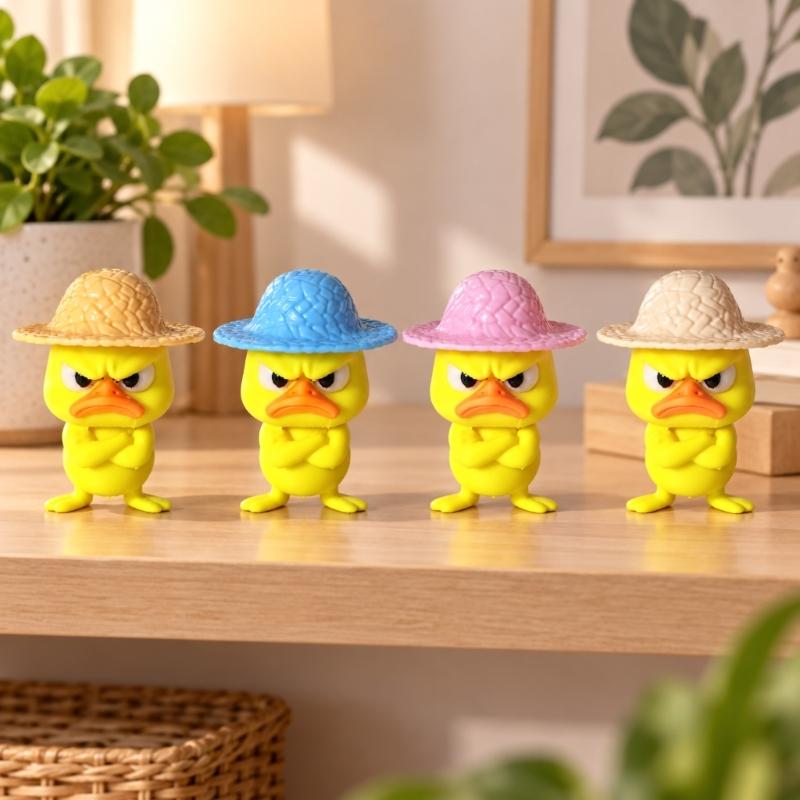 3D Printed Duck Figurine Set of 4 with Angry Face and Crossed Arm, Textured Hat Decorations for Office Desks, Display Shelves, and Entryways