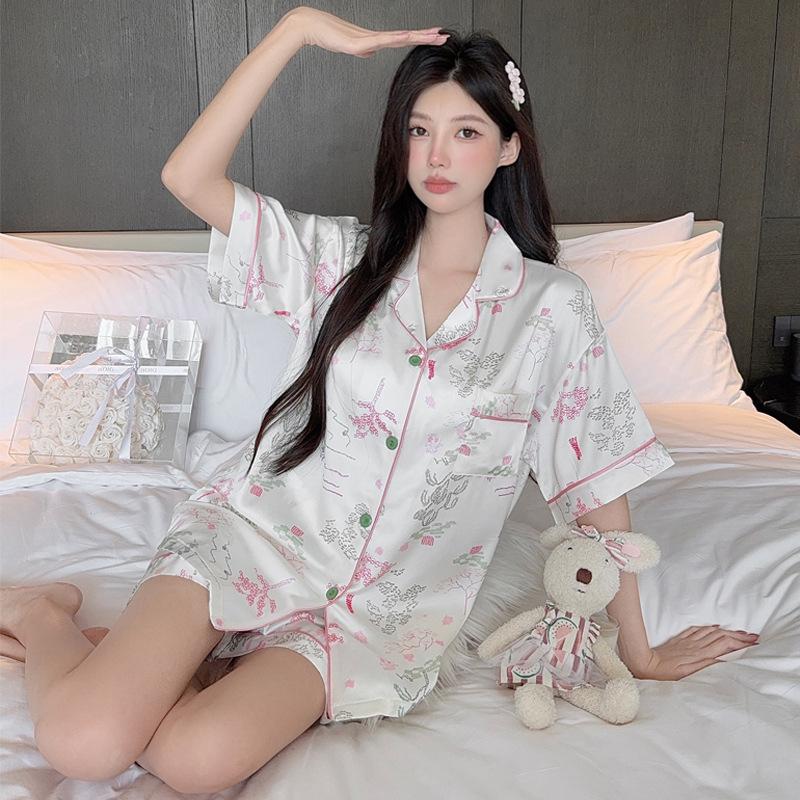 Two-Piece Floral High-End Ice Silk Pajamas Women'S Summer Short-Sleeved Shorts Fashion Temperament Loungewear Real Shot