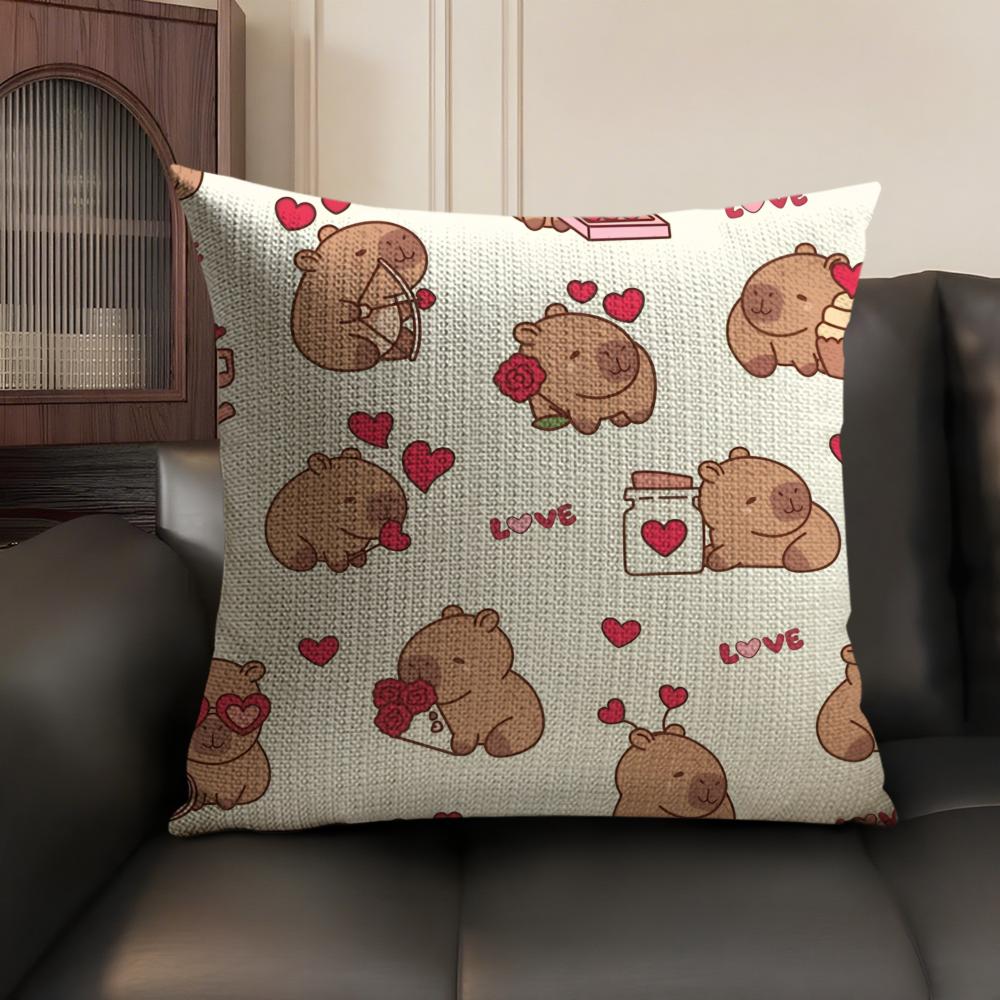 Capybara Cartoon Cute Cushion Cover Natural Linen Organic Fabric DoubleSided Printing Sofa Home Decor Gift Pillow Case