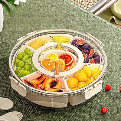 Plateau à fruits six compartiments avec poignée, scellé et étanche, plateau pour fruits secs, boîte à snacks ronde portable pour la maison avec couvercle