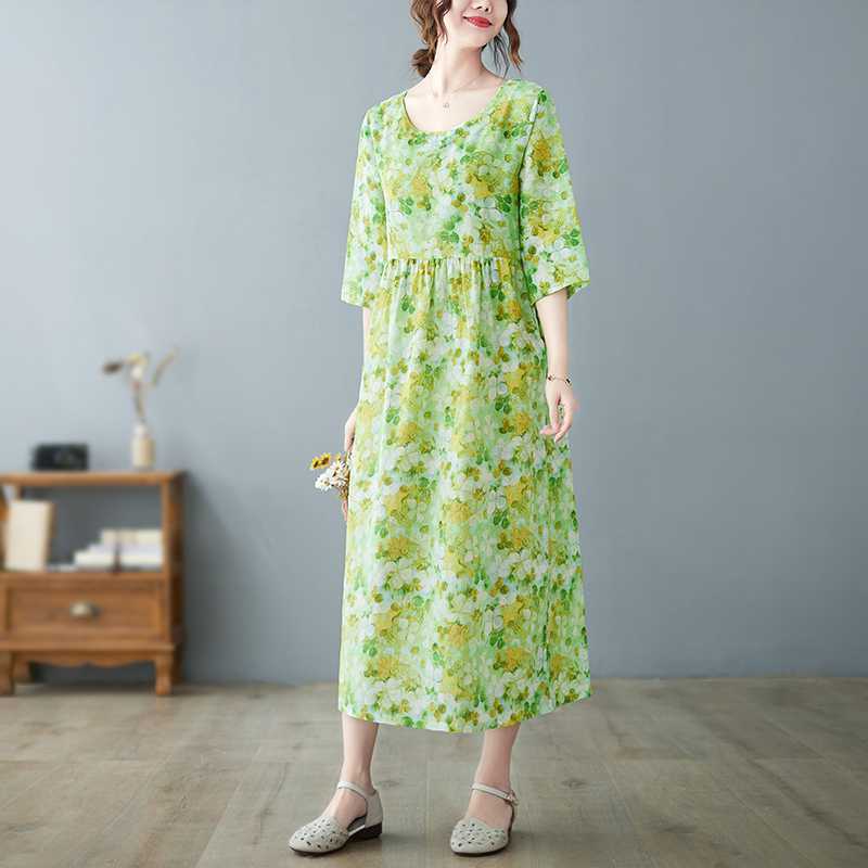 Lato Nowość Literacki Duży Rozmiar Luźny Cienki Okrągły Dekolt Rękaw Pięciominutowy Sukienki Damskie Odmładzające