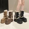 Fashion 2026 Designer Women Mid Calf Boots Faux Fur Chunky Block High Heels Autumn Winter Shoes Metal Decor Black White Ladies
