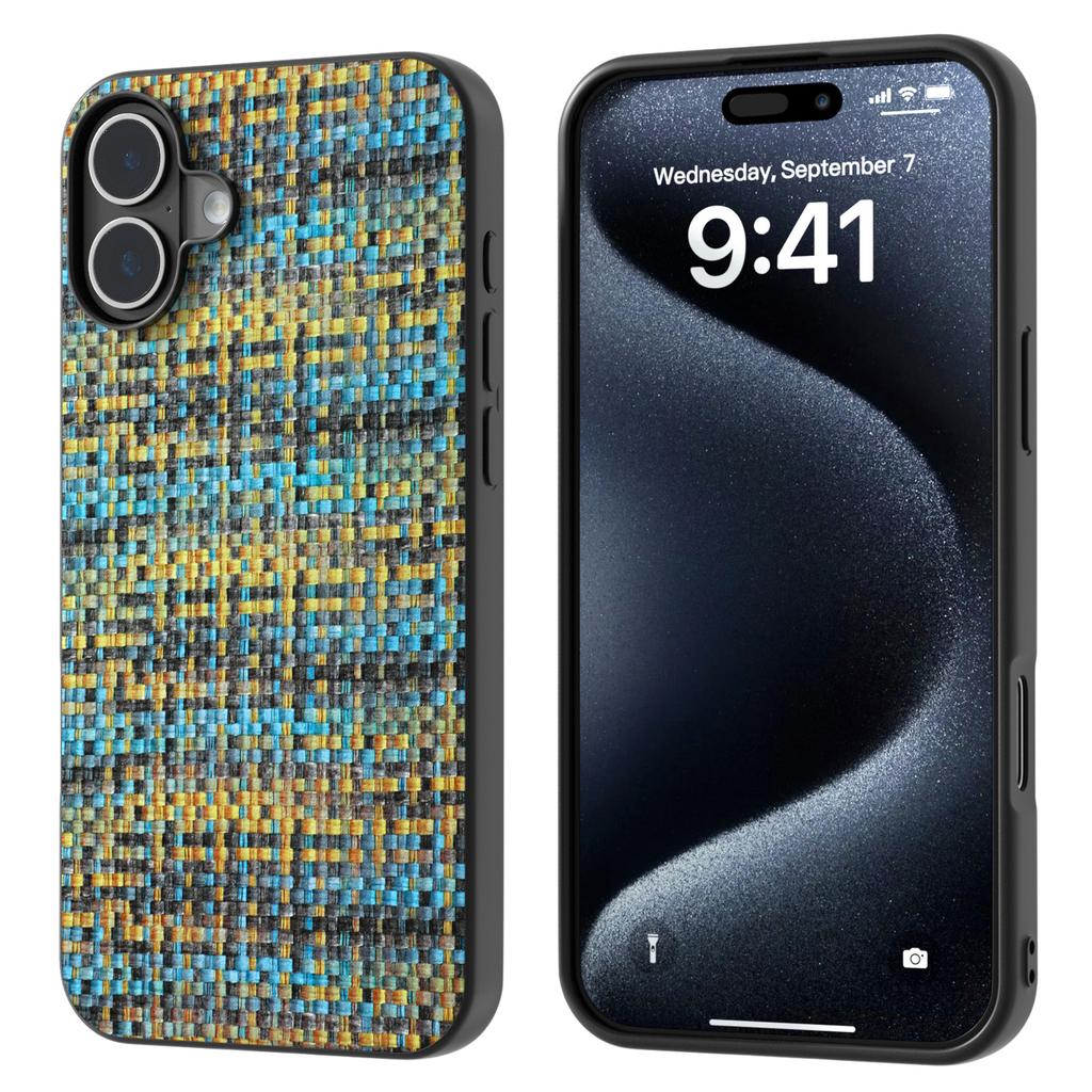 For iPhone 16 Plus Case Plaid Texture PU Leather Coated PC+TPU Phone Cover