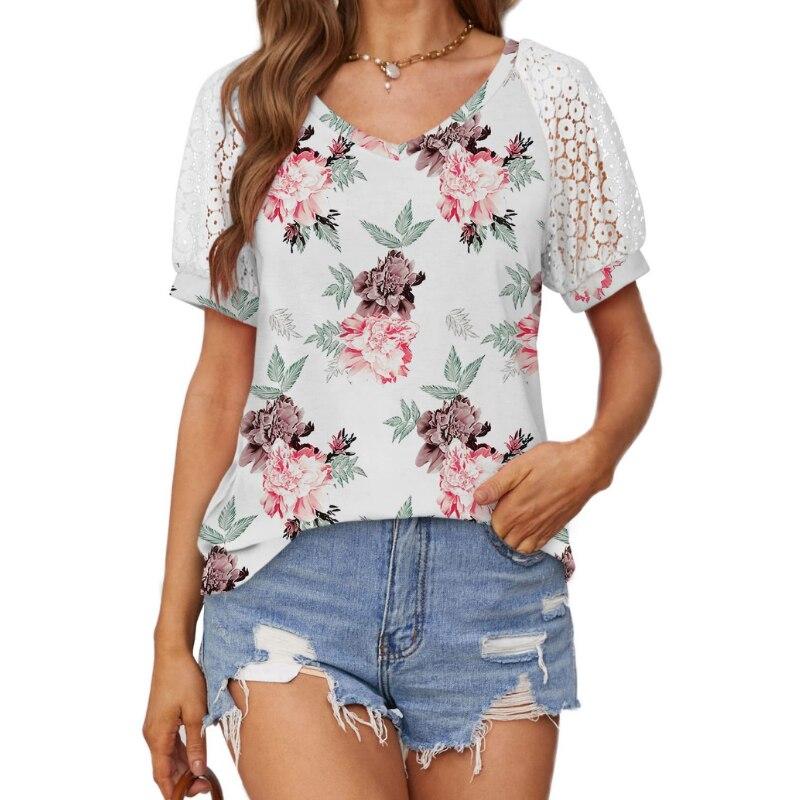 

Женские топы, летние футболки с v-образным вырезом и цветочным принтом, футболки, кружевные футболки с короткими рукавами, 2023, повседневная свободная одежда 25860