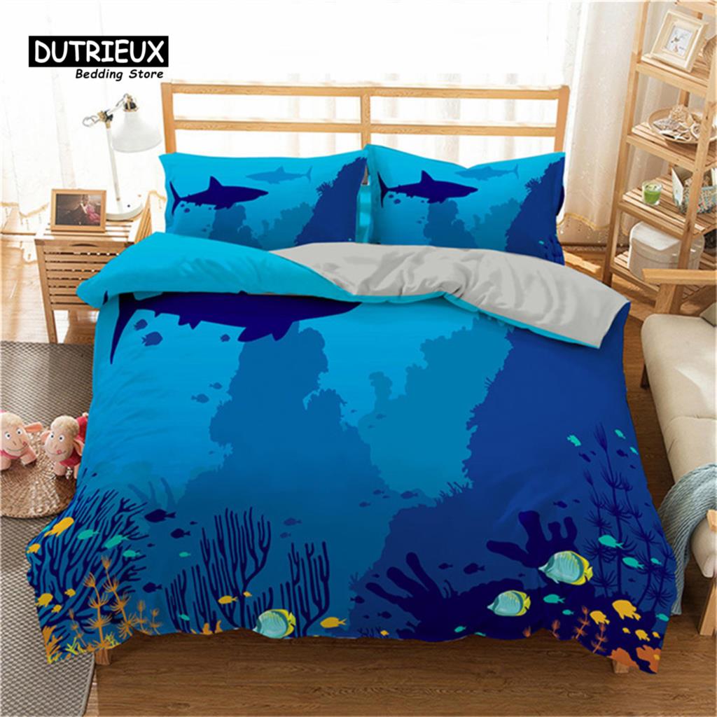 Cartoon Fish Dolphin Turtle Ocean Toddler Bedding Set For Kids Marine Themed Duvet Cover Microfiber Sea Creatures Quilt Cover