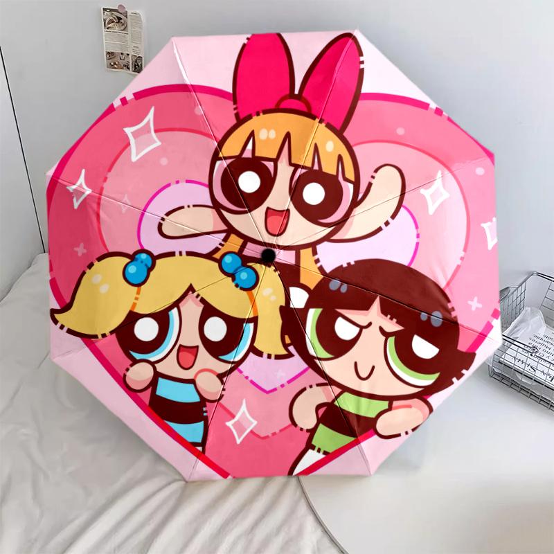 1PC The Powerpuff Girls Umbrella Portable Folding Umbrella Iron Frame Hole Bone Structure Outdoor Home Umbrella A4