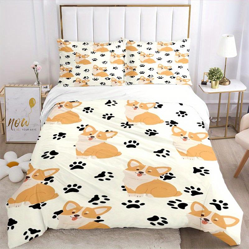 3pcs Corgi, Paw Prints Bedding Set, Breathable And Soft, Suitable for All Seasons Machine Washable, Suitable for Bedroom Decoration,yy250822174
