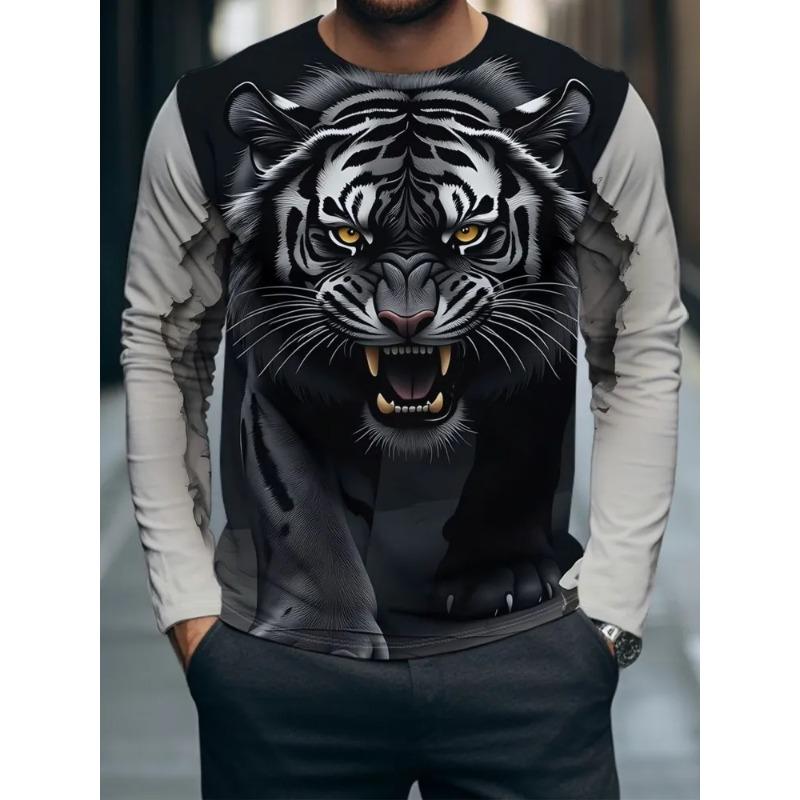 Herren Herbst und Winter 3D Tiger Wolf Print Rundhals Langarm T-Shirt