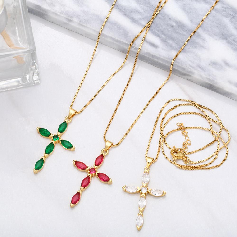 FLOLA Simple Pink Crystal Cross Necklaces for Women Gold Plated Box Chain Amulet Necklaces Christian Jewelry nkeb194