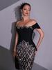 One-Shoulder Rhinestone Sequin Mesh Plaid Evening Gown for Women