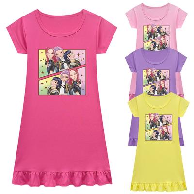 Kids Girls Anime Cartoon K-POP Rumi Print Pleat Short Sleeve Casual Round Neck Dress