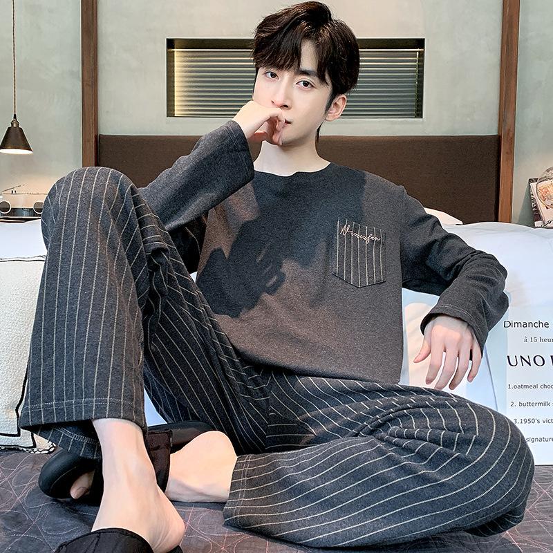 Jarní a podzimní nové pánské pyžamo domácí oblek pro teenagery jednoduché domácí oblečení bavlna velká velikost podzimní a zimní volnočasové pyžamo
