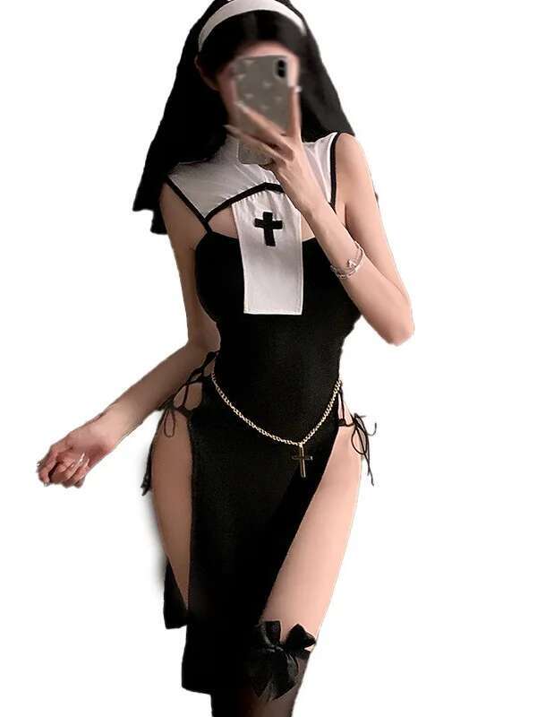 Sexy Summer High Slit Cheongsam Nun Dress Role-playing Uniform Dress Elegant Tank Mini Dress Sweet SM Exotic Women Dress 3XPC