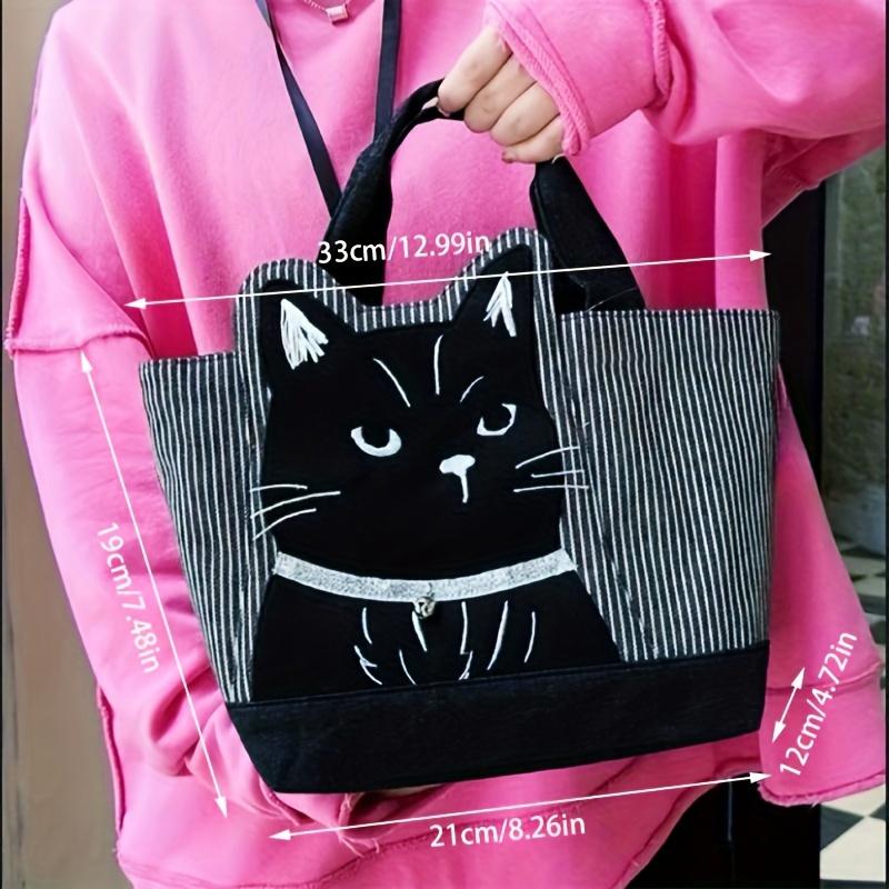 Chic Black Cat Embroidered Large Capacity Tote Bag Durable Polyester, Zipper Closure, Striped Handle Design for Everyday Use & Shopping