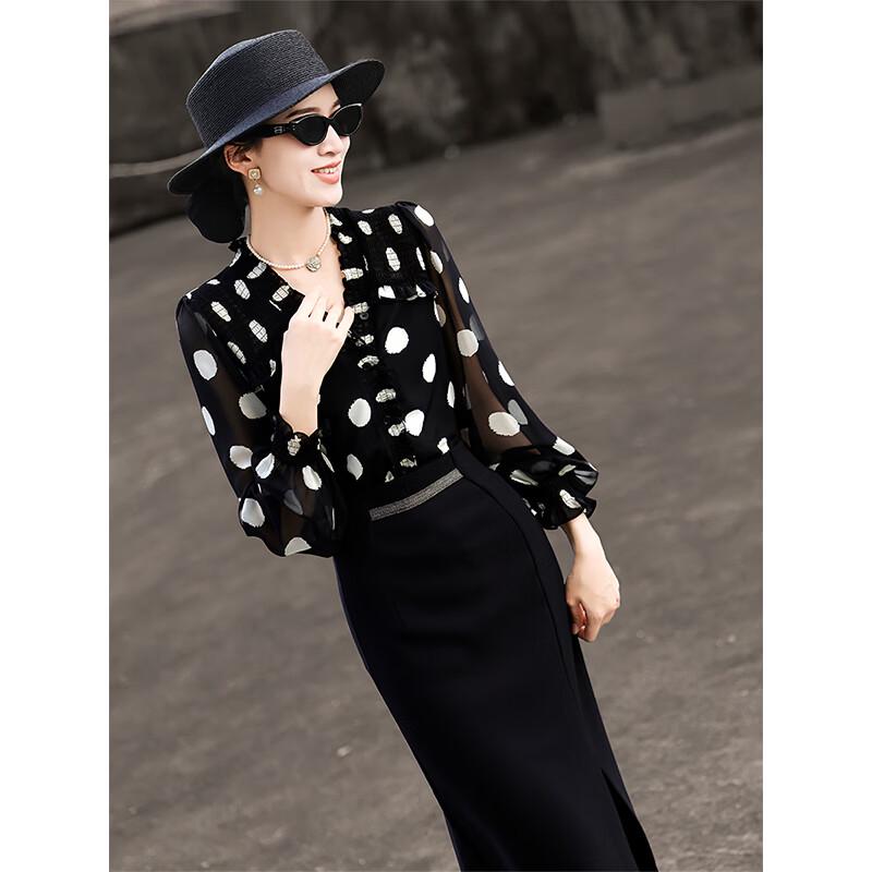 Lansere Women's French Style Polka Dot Ruffle V-Neck Blouse