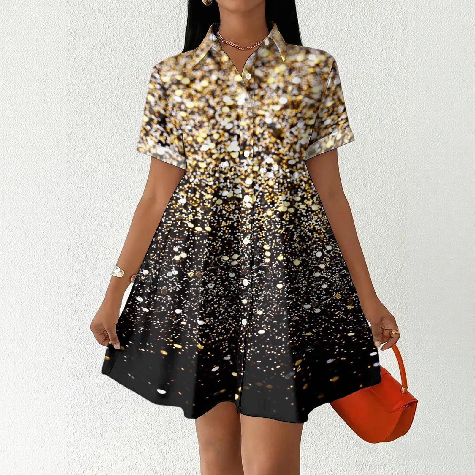

Women Casual Loose Shirt Dress Button Up Stand Collar Short Sleeve Printed Mini Dress Lightweight Tunic Dress S