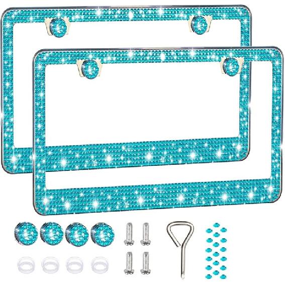 2 Pack License Plate Frames For Women, Sparkly Rhinestone Diamond Car Accessories With Glitter Crystal Caps (Purple (2PCS))