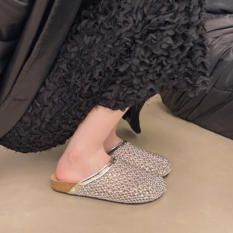Thick-bottomed Cool Slippers for Women's Summer Outer Wear 2025 New One-pedal Rhinestone Mesh Bag Head and Half Slippers