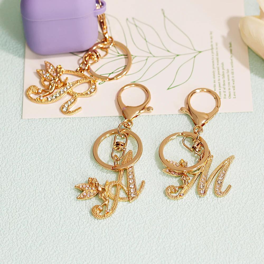 A-Z Rhinestone Elf Girl Letter Keychain Gold Color Initial Name Keyrings Girls Car Key Holder Handbag Purse Charms Decoration