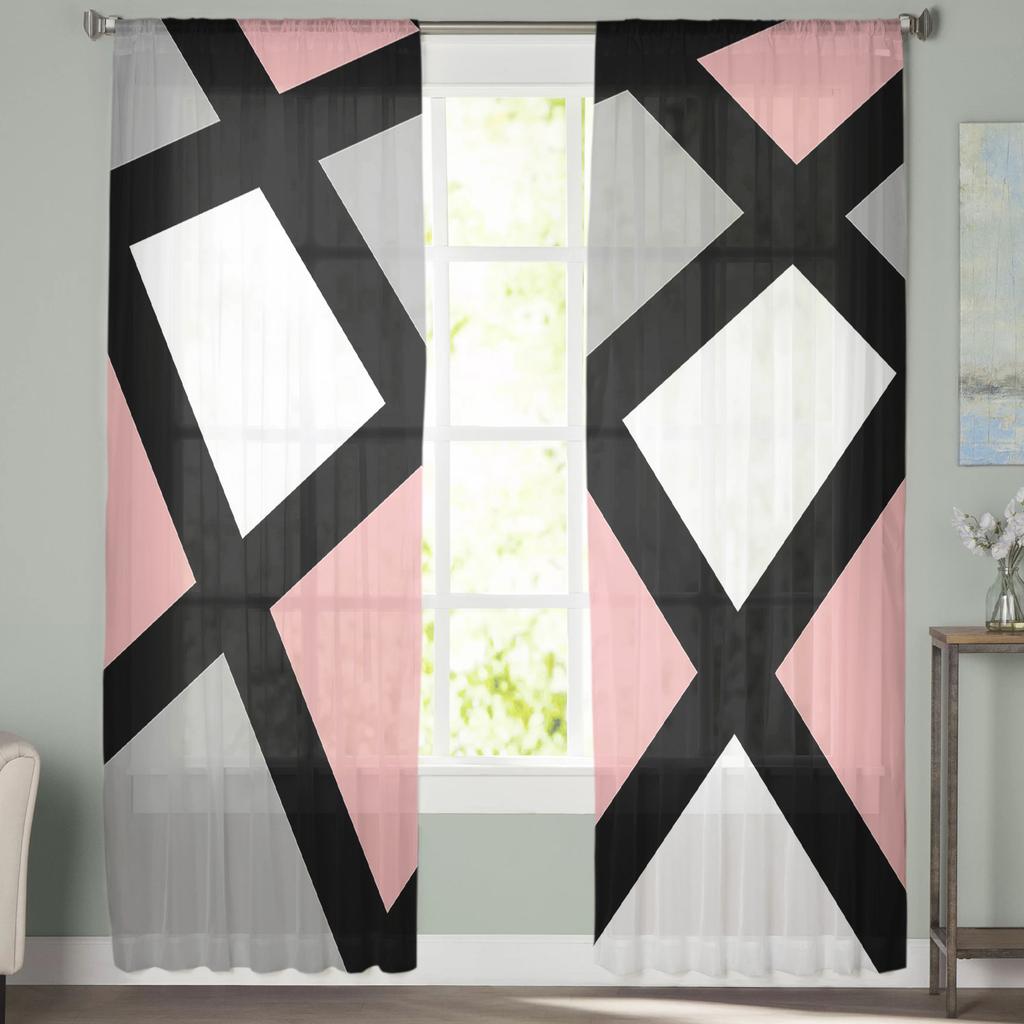 Pink Black Ash Geometric Square Voile Sheer Curtains Living Room Window Chiffon Tulle Curtain Kitchen Bedroom Drapes Home Decor