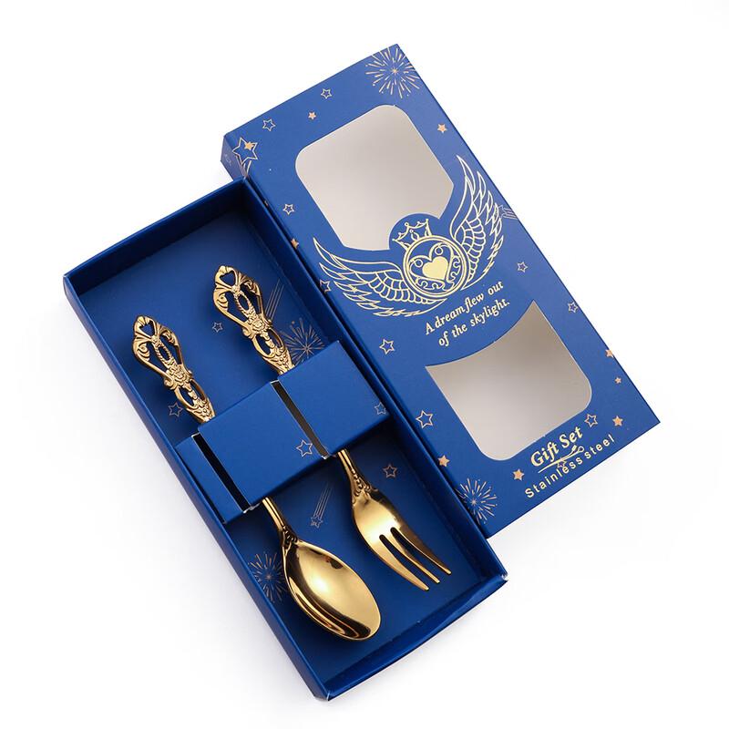 Abay Gold Titanium Embossed Stainless Steel Dessert Spoon & Fork Set