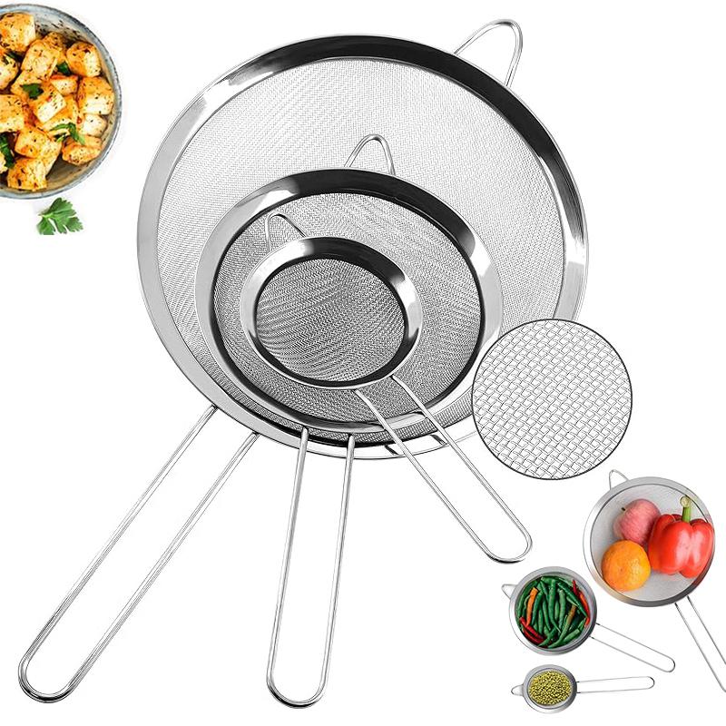 3Pcs/Set Mesh Strainer with Handle, Small Medium Large Size Sifter Metal, Stainless Steel Sieve Strainers for Kitchen