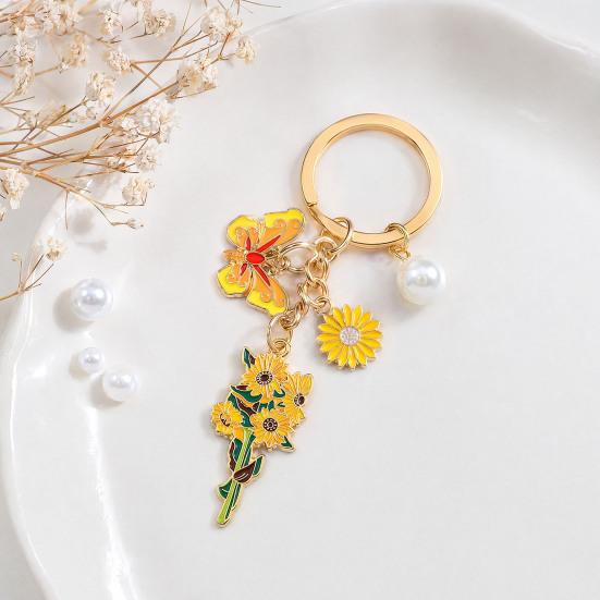 Schlüsselanhänger Anhänger mit runden Imitationsperlen, Blume Schmetterling Emaille Anhänger Schlüsselring, Pastoraler Stil Mehrschichtiger Anhänger Anhänger Schlüsselhalter