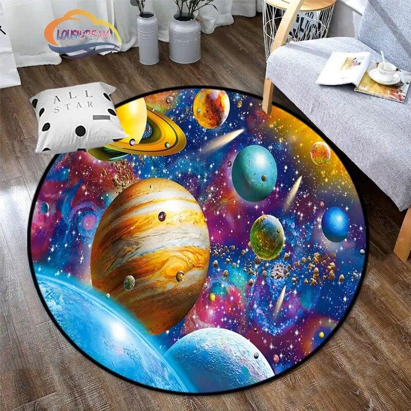 Space Universe Vector Ufo and Many Planets In Galaxy Round Bedroom Floor Mat Cosmos  solar system pattern Decoration Carpets