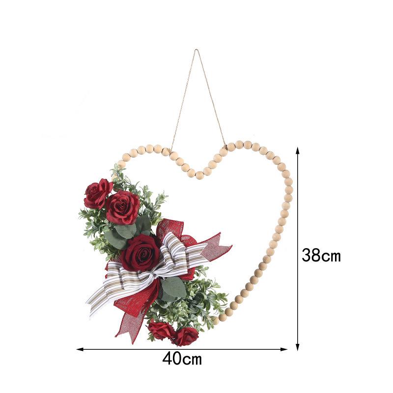 

Heart-Shaped Wooden Bead Garland with Red Roses for Valentine s Day, Door Hanging, Weddings, and Home Decor.
