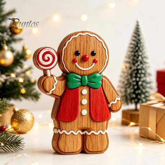 Unique Holiday Tabletop Gifts Christmas Gingerbread Man Ornament, Hand Painted Vintage Wooden Retro Style Ornaments Figurine, Rustic Decor for