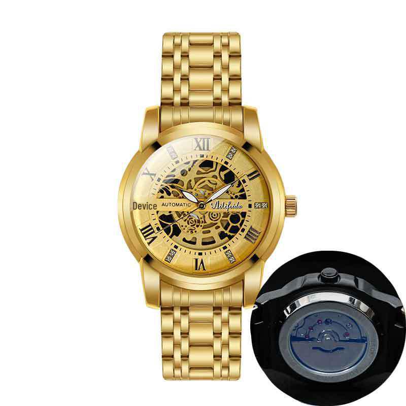 Aili Feida Men's Quartz Hollow Watch with Visible Back and Butterfly Buckle