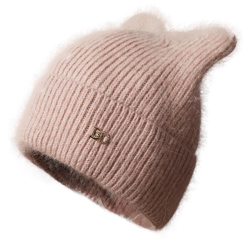 Knit Beanie Hat Fleece Lined Thickened Warm Rabbit Hair Slouchy Solid Color Large Head Size Winter Autumn Women