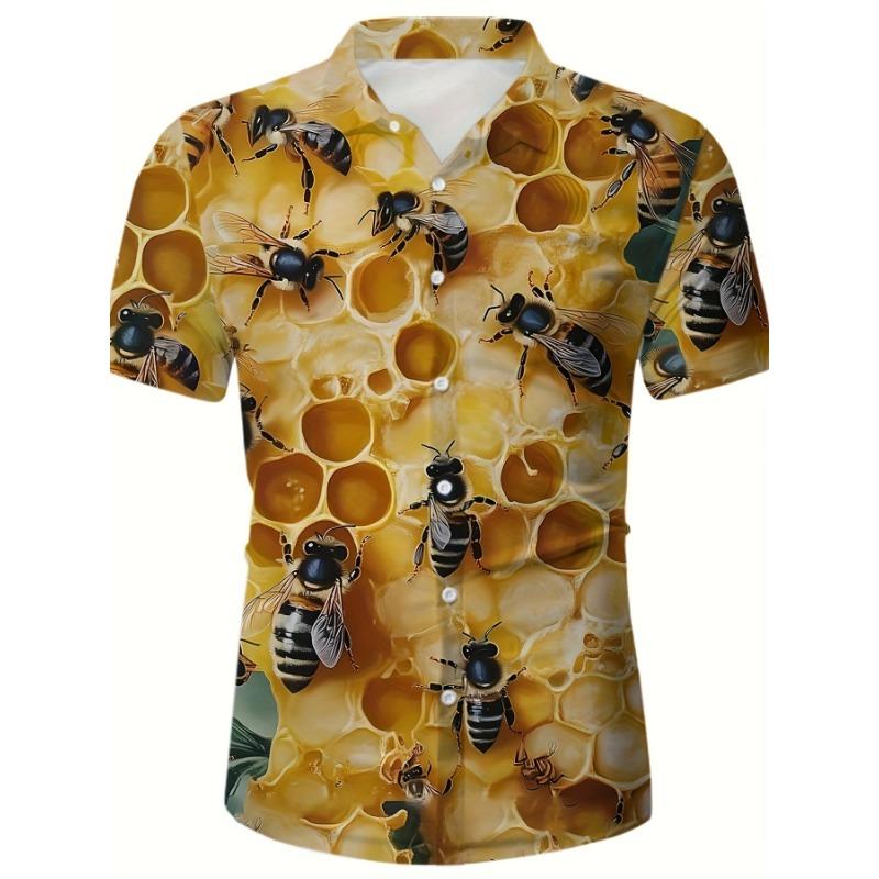 Retro Hawaiian Bee Print Shirt for Men Vacation Casual Short Sleeve Funny Shirts Streetwear Fashion Honey Insect Bee Blouse