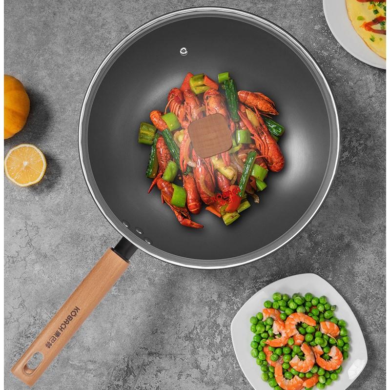 Wok-Pfanne, 12,5-Zoll-Eisen-Woks mit flachem Boden, Woks und Bratpfannen mit Deckel, Wok aus Karbonstahl, passend für alle Herde