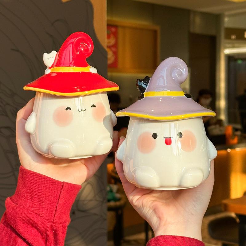 Halloween cute ghost cup girl ceramic mug with lid spoon office couple coffee cup souvenir