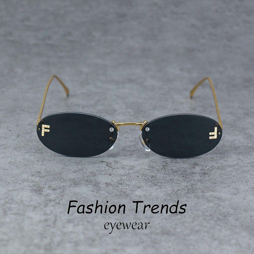 Gafas de Sol sin Montura con Decoración de Diamantes para Mujer Marca de Lujo Montura Metálica Pequeñas Ovaladas Gafas de Sol Unisex Elegantes Gafas de Sol UV400