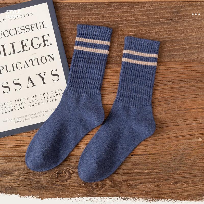 Men's Spring and Autumn Vintage Pure Cotton College-style Long Socks, Versatile Double-bar Mid-calf Socks for Autumn and Winter