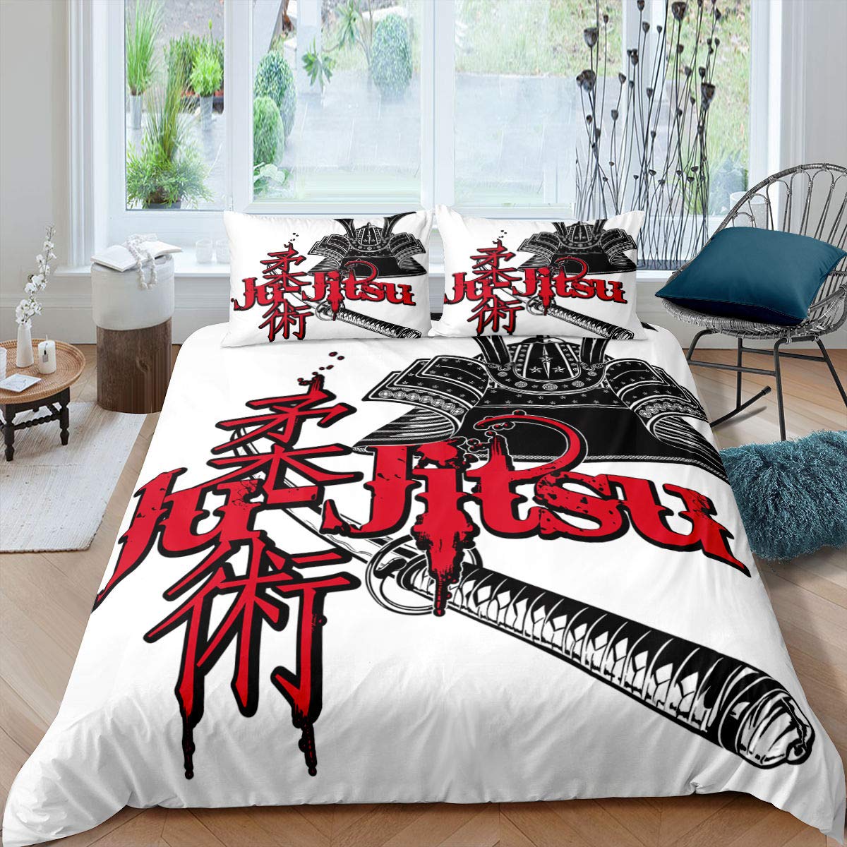 

Japanese Samurai Bedding Set King/Queen/Full Size Japan Sunset Scenery Building Silhouette Polyester Duvet Cover Men Black Red 70x133cm 2pcs небо синє кольору