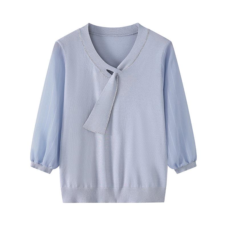 Stylish Spring & Autumn Knit T-Shirt for Middle-aged Women with Flowing Ribbon