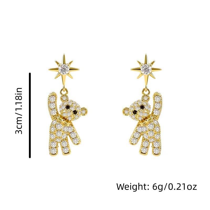 Cubic Zirconia Little Bear & Eight-pointed Star Pattern Stud Earrings for Girls, Cute Decor Birthday Party Anniversary Gift Jewelry
