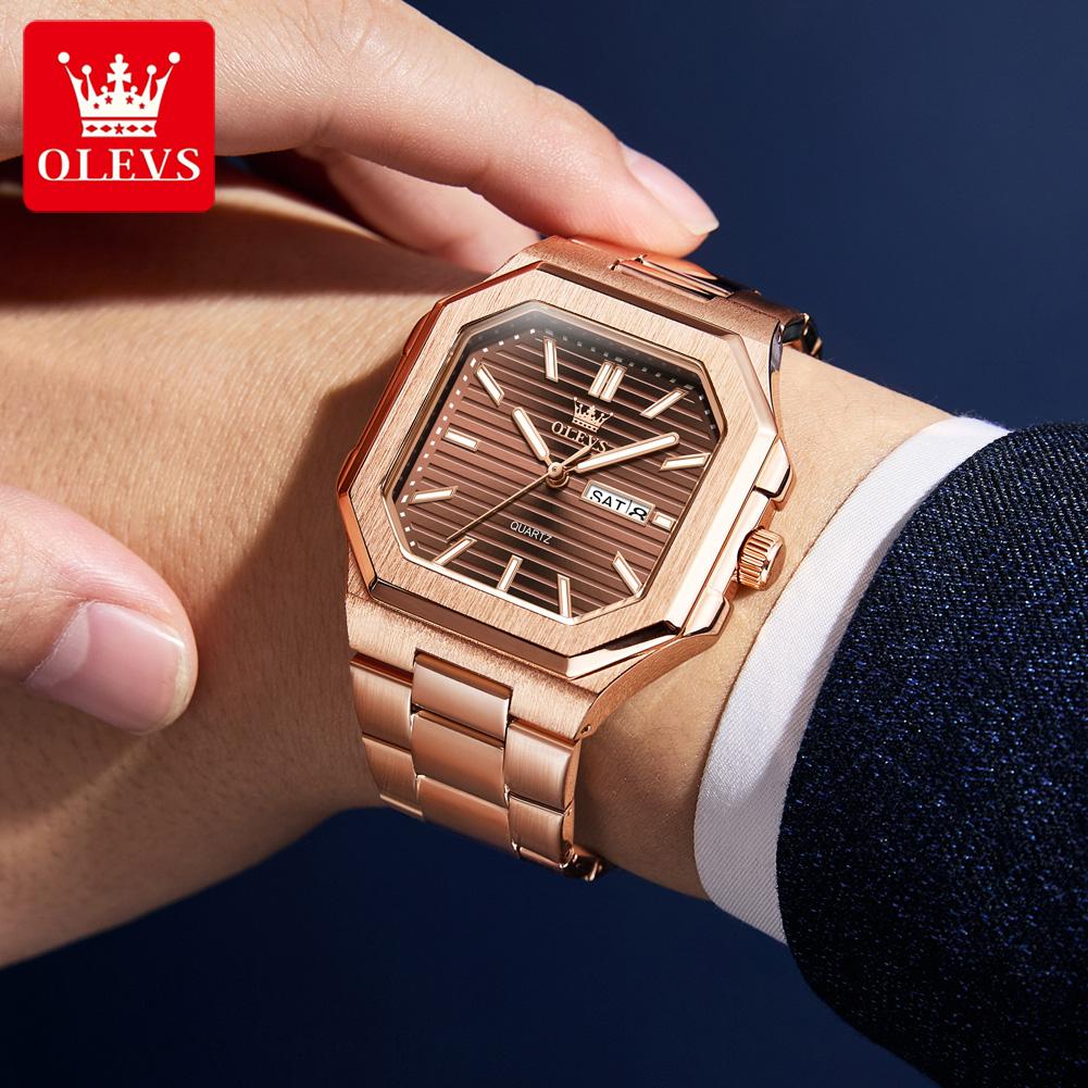 OLEVS Brand Original Square Quartz Watches Men's Classic Fashion Stainless Ssteel Waterproof Luminous Week Date Watch For Men