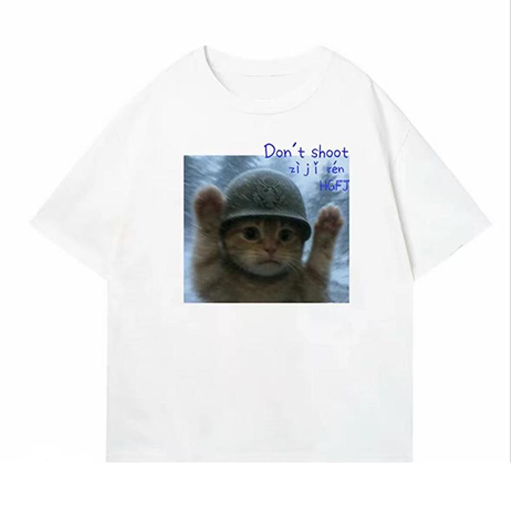 Summer Second World War Cats Patterned Printed Short-Sleeved Cotton Loose And Breathable Round-Neck Men's T-Shirt Street Top