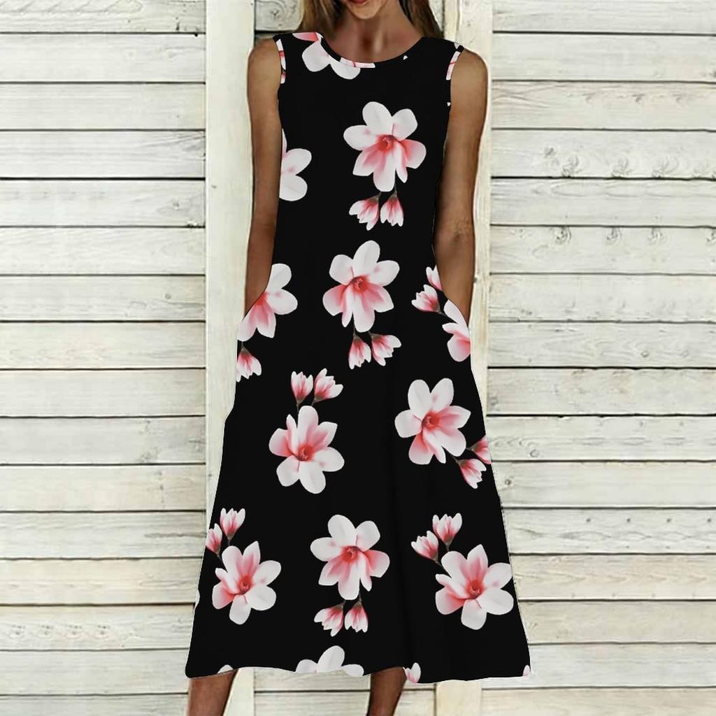 Oversized Women Sleeveless Round Neck Dress Dense Floral Printed Flowy Mid Calf Gown
