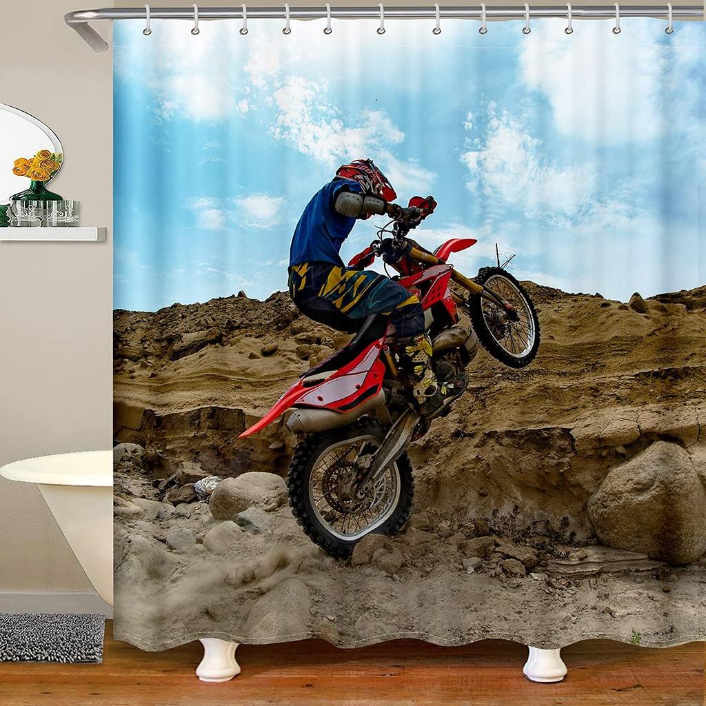 Dirt Bike Shower Curtain Boys Bathroom Bathtubs Motocross Rider Extreme Sports Bath Mountain Curtains Polyester Perfect For