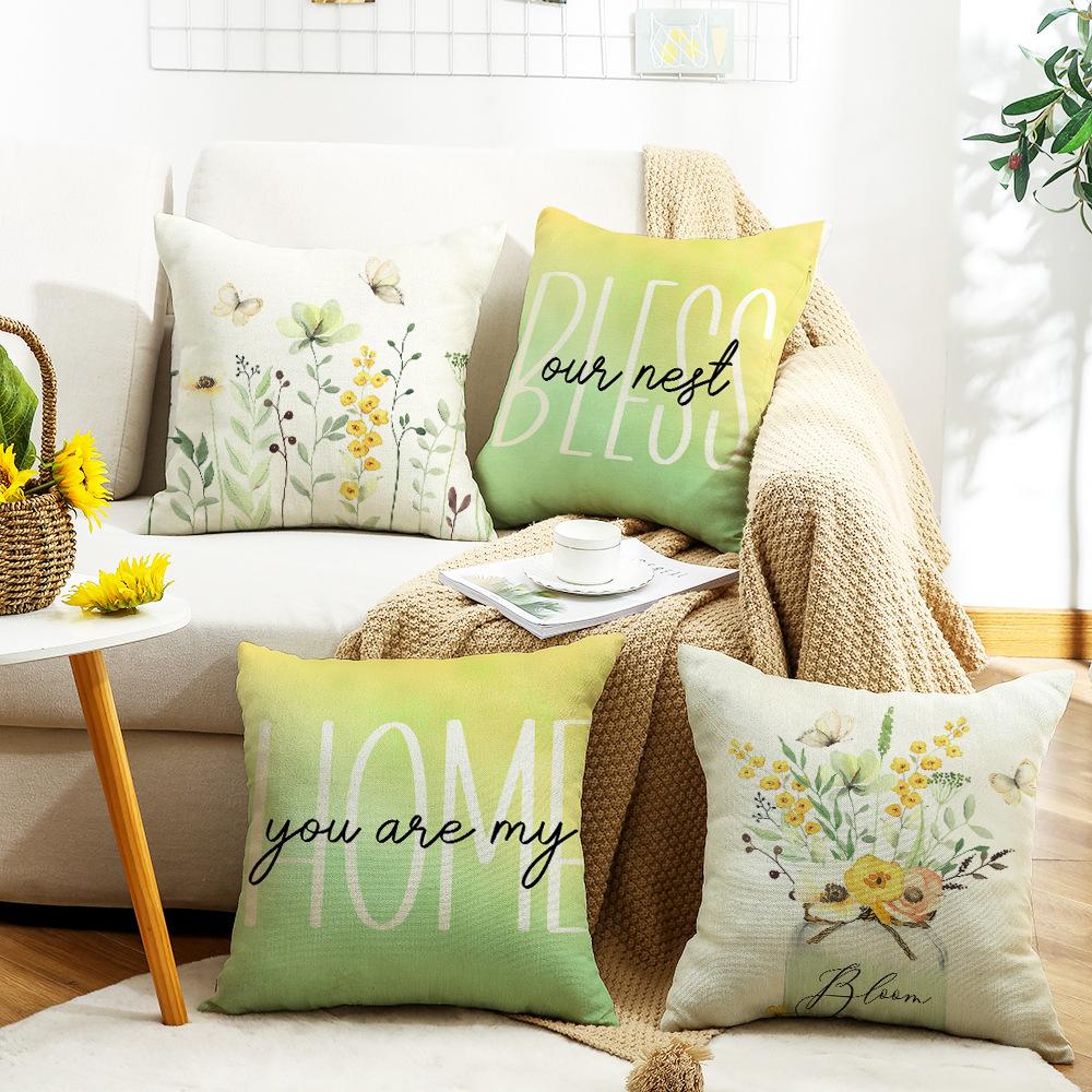 New Summer Throw Pillow Cover with Floral Letter Print Linen Throw Pillow Decoration Sofa Back Throw Pillow Cover